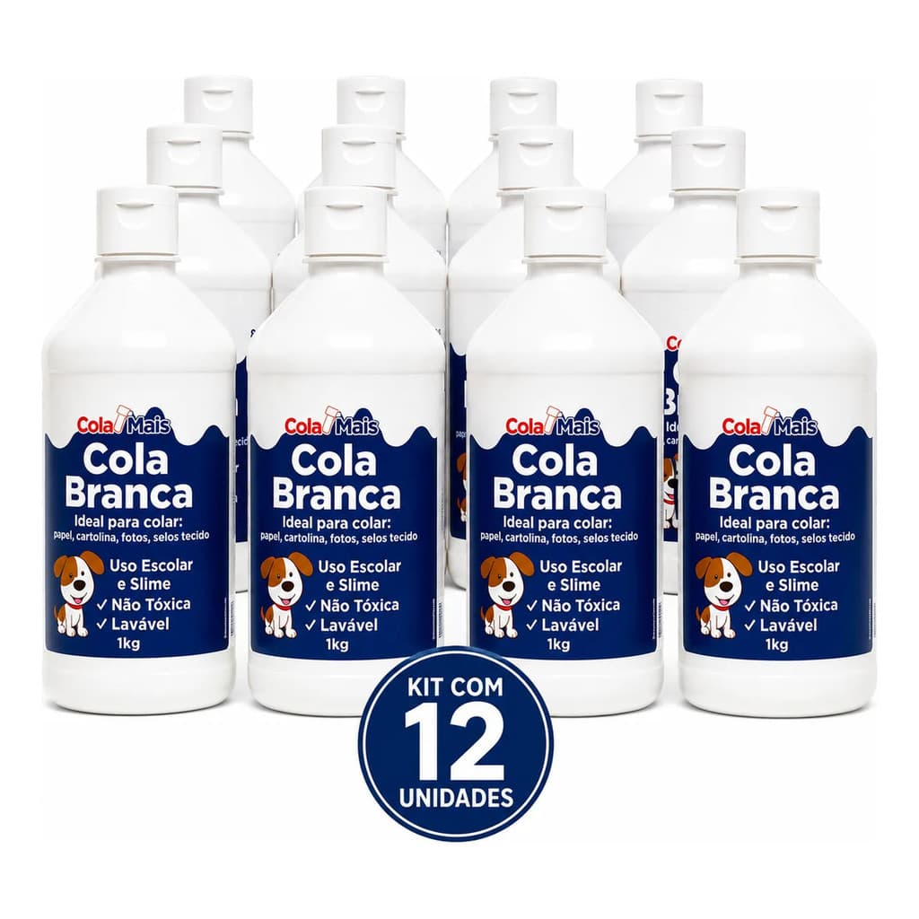 Kit 12 Cola Branca 1Kg Escolar Artesãos Lavável Não Tóxica Alta Fixação Papel Cartolina Madeira EVA Artesanato Slime