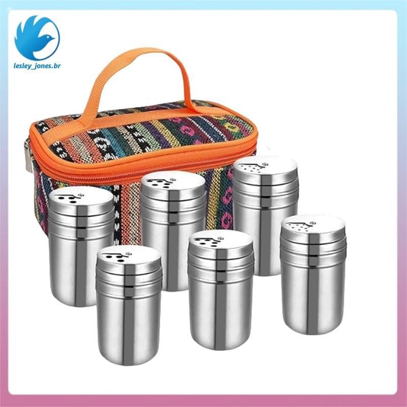 [lesley_jones.br] 6 Unidades De Saleiro De Aço Inoxidável , Kit De Temperos De Acampamento Com Bolsa De Viagem , Saleiro