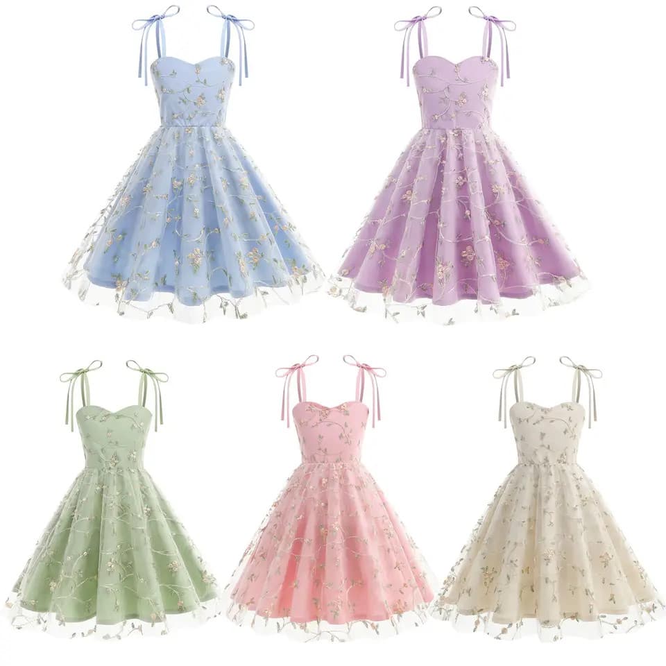 Vestido tipo estilingue para meninas, vestido infantil de malha bordada com laço, vestido de princesa