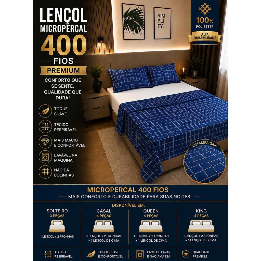 Jogo de Lençol Micropercal 400 Fios Grid | Toque Macio | Solteiro ao King | 3 e 4 Peças com Elástico