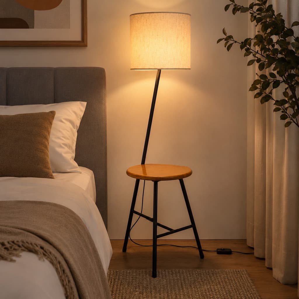 Luminária Com Mesa Acoplada Abajur Tampo de Madeira Maciça Luxo
