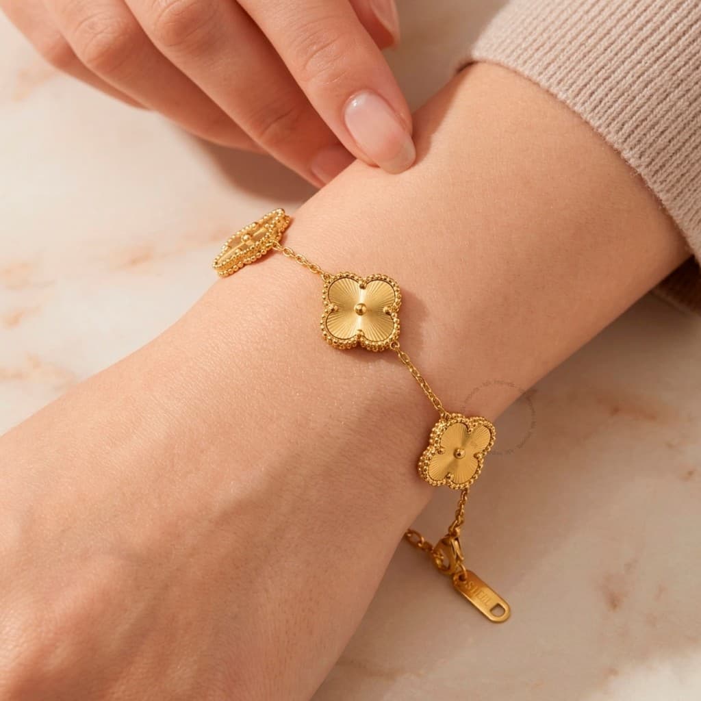 Pulseira de aço inoxidável 316L Quatro Folhas Prata Dourada Presente Trevo Ajustável