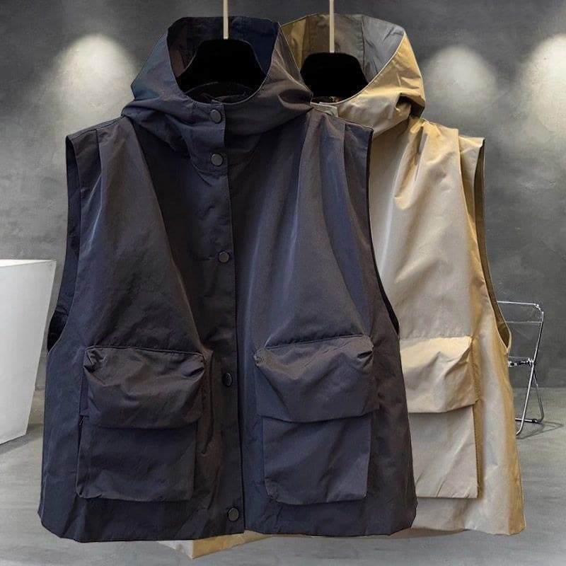 Casal estilo cor sólida com capuz exterior colete das mulheres dos homens primavera versão coreana ferramentas bolso ext