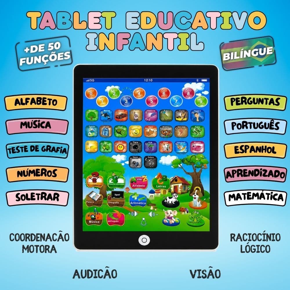 Tablet Educativo Infantil Bilíngue com 54 Atividades | Aprende Letras, Números, Palavras e Sons | Brinquedo para Criança