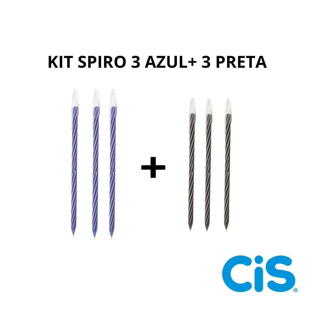 Leve 6 Canetas CIS Spiro Premium 3 Azul + 3 Preta | Escrita Fina 0.7mm
