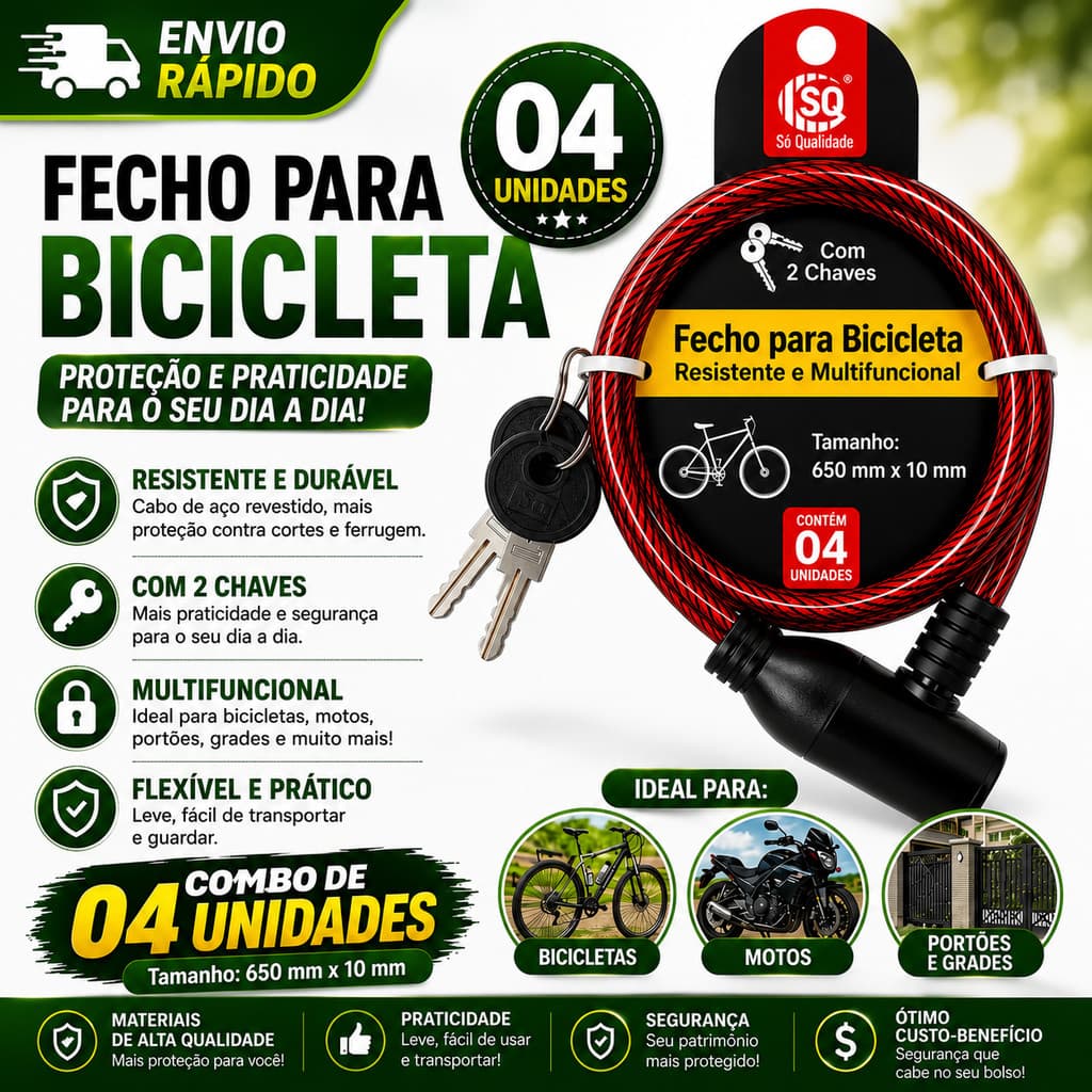 Combo Cadeado para Bicicleta Moto Portão Cabo de Aço 650mm x 10mm 2 Chaves Cores Sortidas