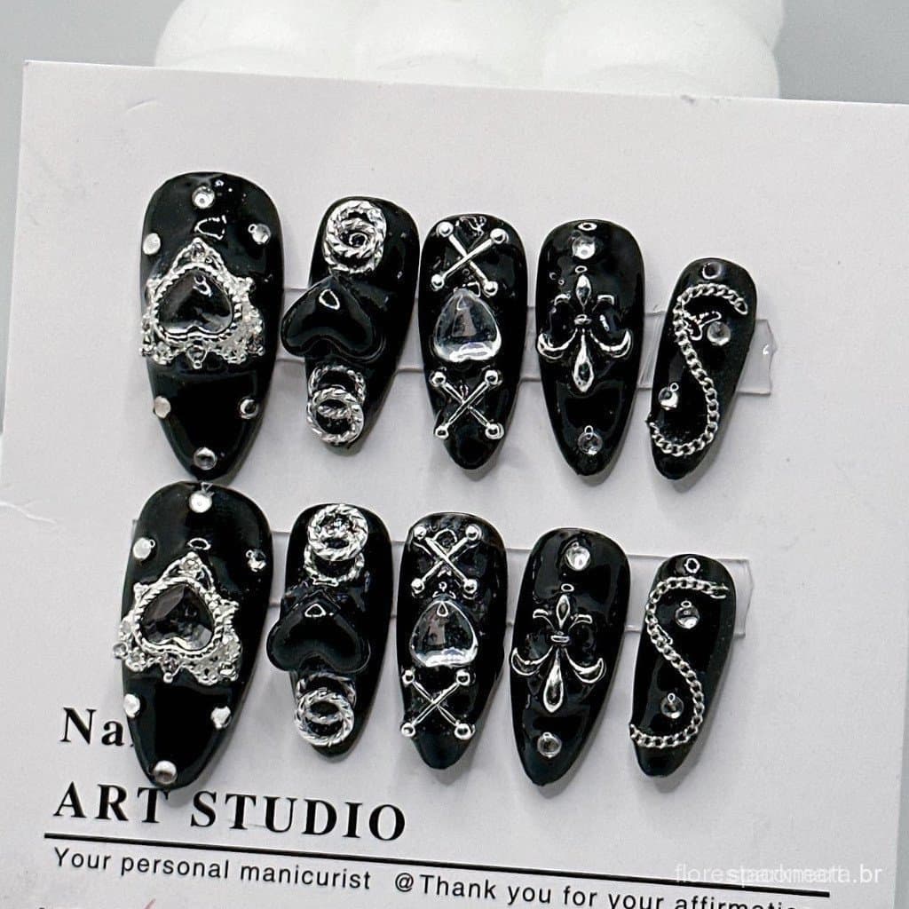 Conjunto De Unhas Postiças Feitas À Mão Com 10 Peças Estilo Tokyo Punk Black Series Dark Hot Girls