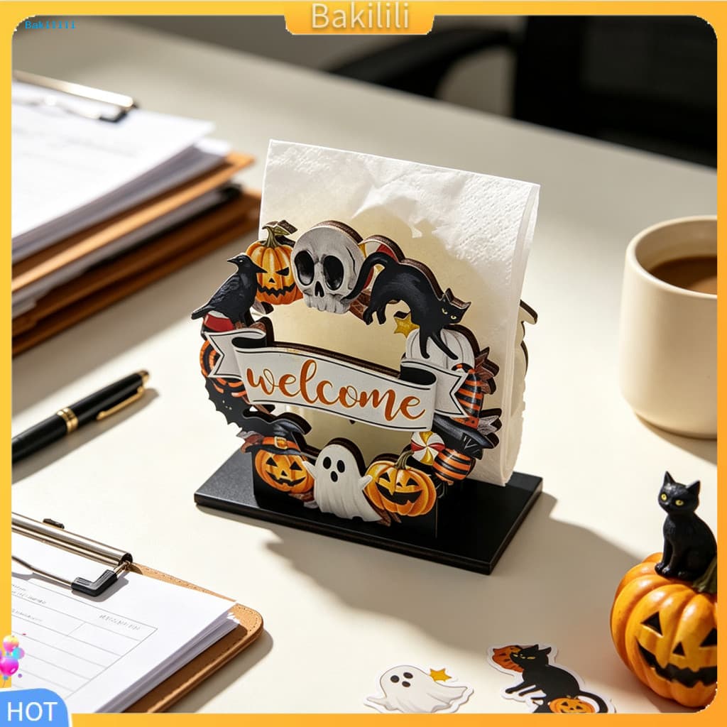 { Bakilili } Porta-Guardanapos De Halloween Cozinha Jantar Armazenamento Madeira Dispensador De Tecido De Abóbora Fantas