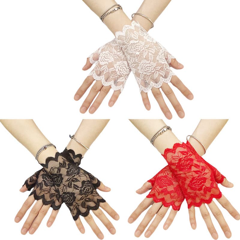Luvas de Renda Vintage de Meio Dedo para Mulheres, Luvas Curtas de Malha com Padrão de Rosas para Festas e Decoração de