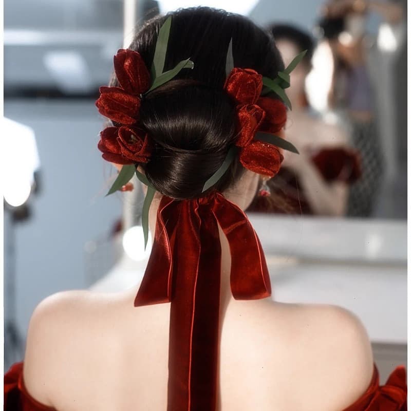 [Estoque pronto] Novo estilo de noiva tulipa cocar cabeça flor bandana vinho vermelho veludo flor vestido acessórios est
