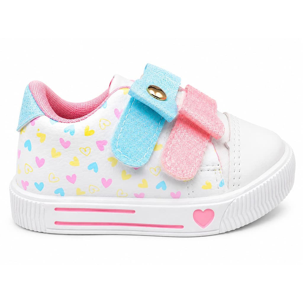 Tênis Bebê Infantil Feminino Branco Velcro Corações Confortável Casual Antiderrapante Primeiros Passos Meninas
