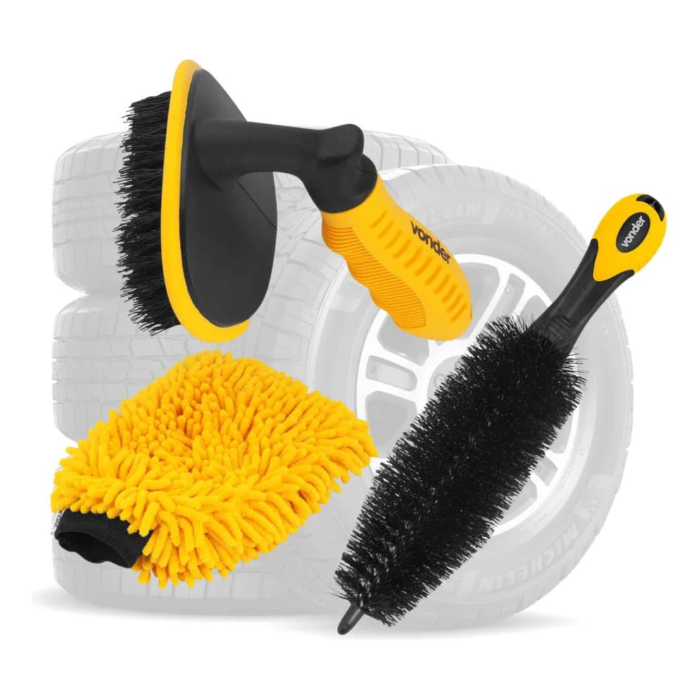 Kit 2 Escovas Limpeza De Rodas Com Luva De Microfibra Vonder