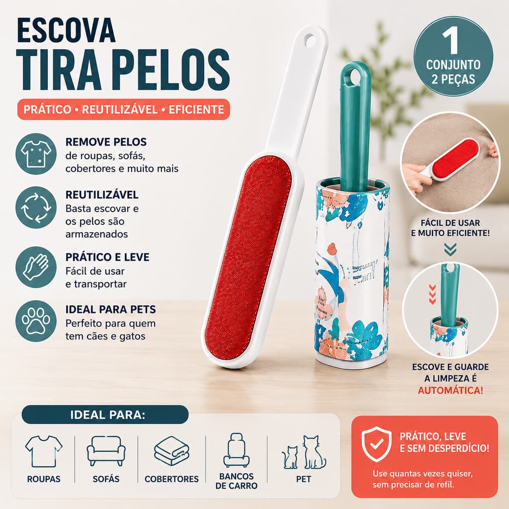 Kit 2 Peças Escova Tira Pelos Reutilizável para Roupas, Sofás e Pets