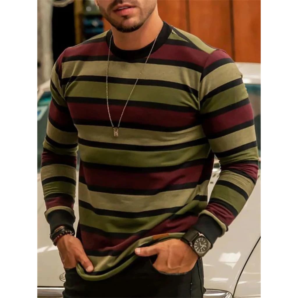 Retro Listrado Gráfico Manga Longa T Camisas Para Homens Simples Moda Primavera Outono 3D Impresso Camisetas Casuais De