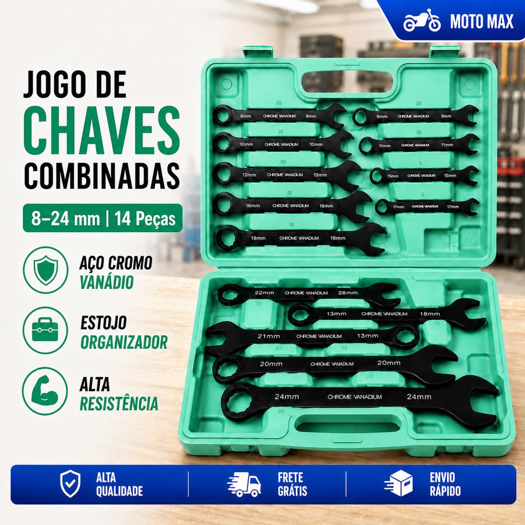 Kit Chave Combinada Boca Aço Cromo 14 Peças 8 a 24 mm Profissional Maleta