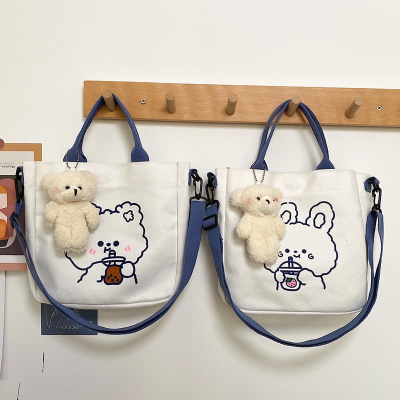 Bolsa de Lona com Estampa de Urso Fofo, Bolsa Transversal Estilo Harajuku Japonês para Estudantes Femininas 8.1 FDK1