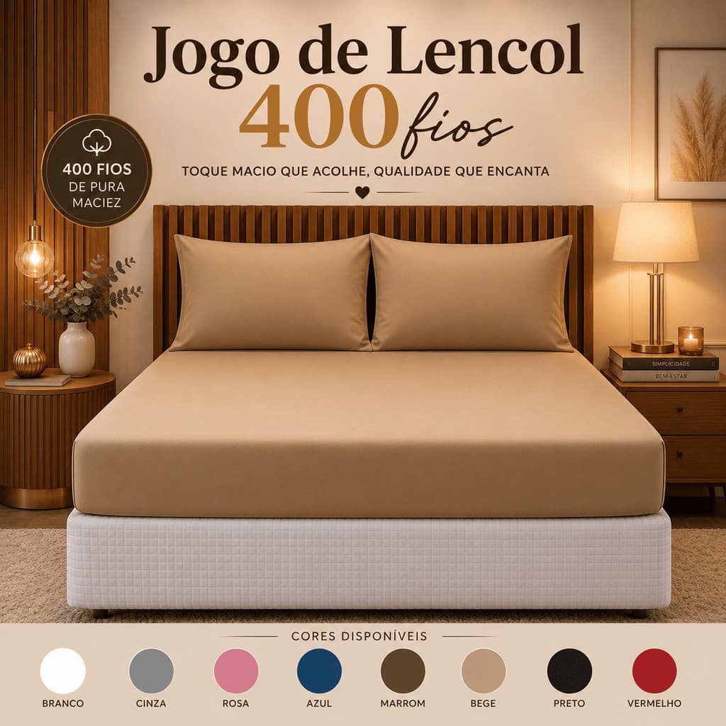 Jogo de Lençol 400 Fios com Elástico Solteiro Casal Queen King 2 e 3 Peças Toque de Seda Liso Macio