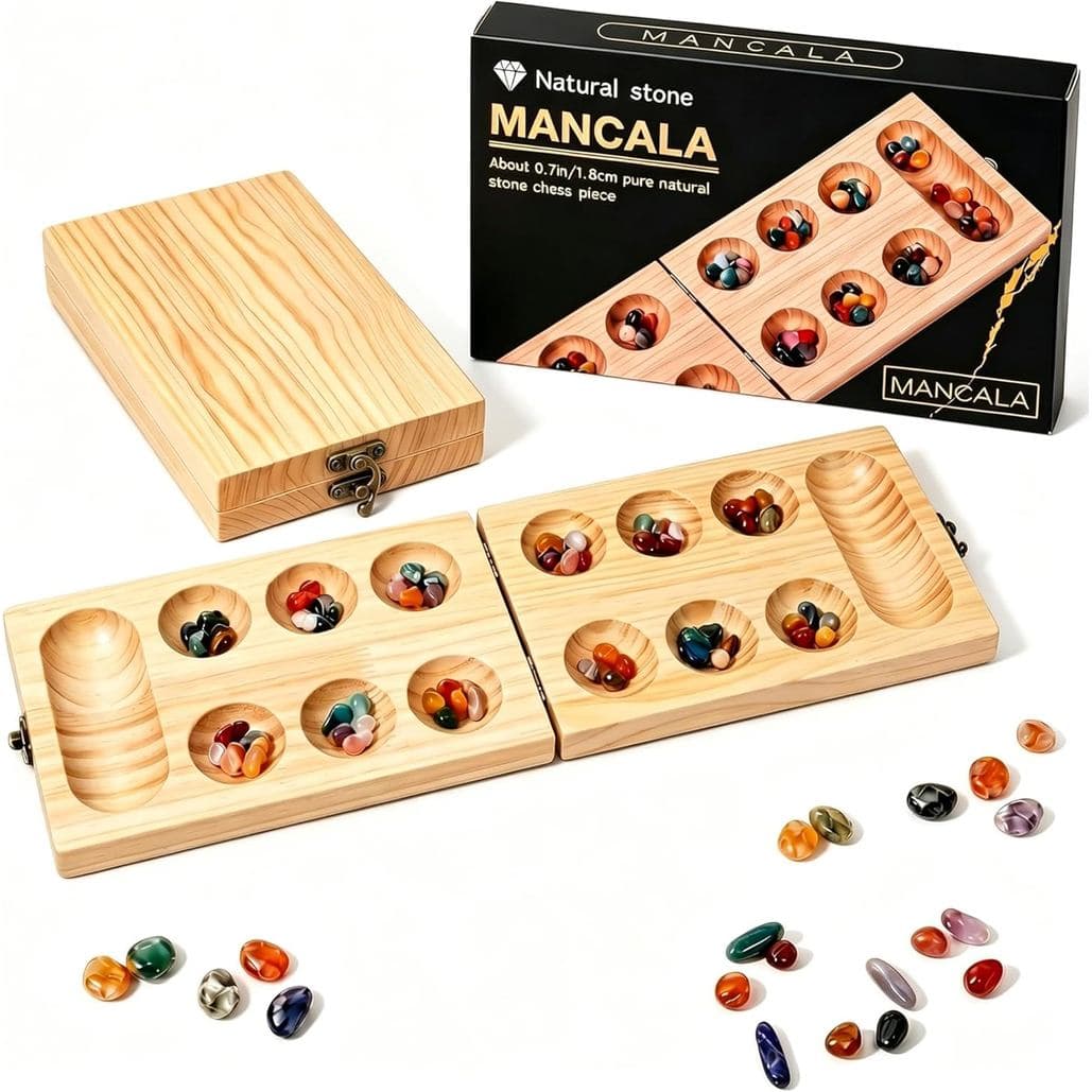 Jogo de Tabuleiro Mancala, Jogo de Estratégia com Tabuleiro de Madeira Dobrável |   Pedras Naturais, Jogo de Tabuleiro C