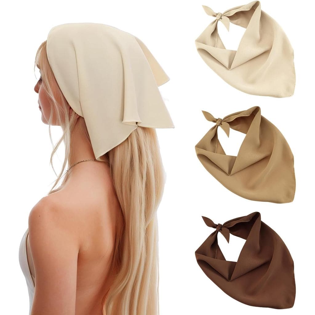Conjunto de 3 Lenços de Cabeça de Cetim, Lenço Triangular de Cor Sólida para Mulheres, Bandana Boho, Faixa de Cabelo