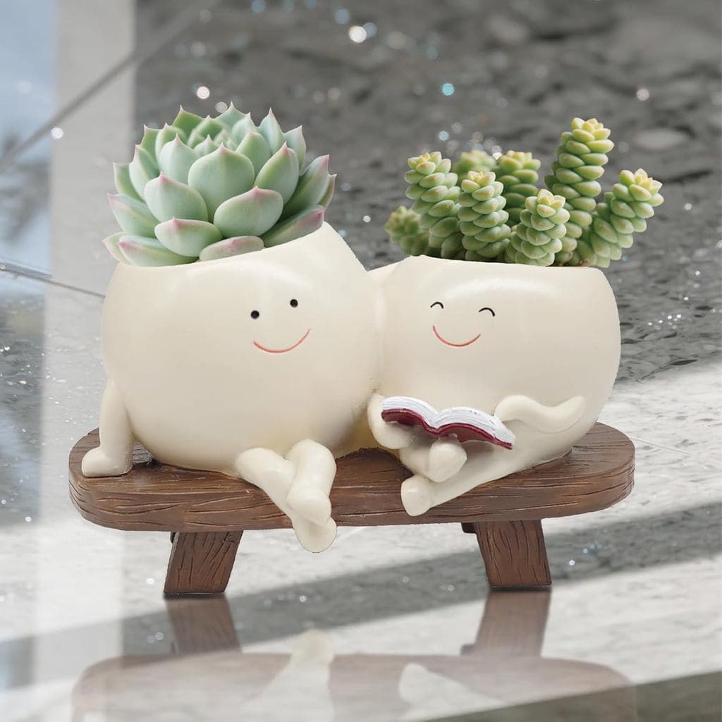 Vaso de Plantas com Rosto Sorridente, Vaso de Leitura de Cabeça Dupla Único, com Furo de Drenagem, Vaso de Plantas Fofo