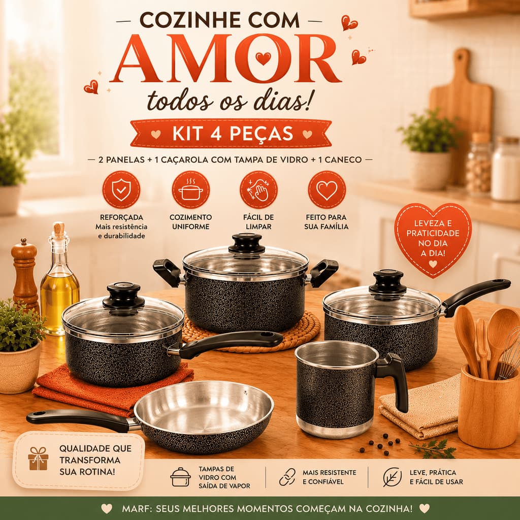 Kit Panelas em OFERTA de Alumínio Jogo 5 Peças + Espátulas – Panela 18 Caçarola 18 Panela 16 Frigideira 18 + Caneco 12