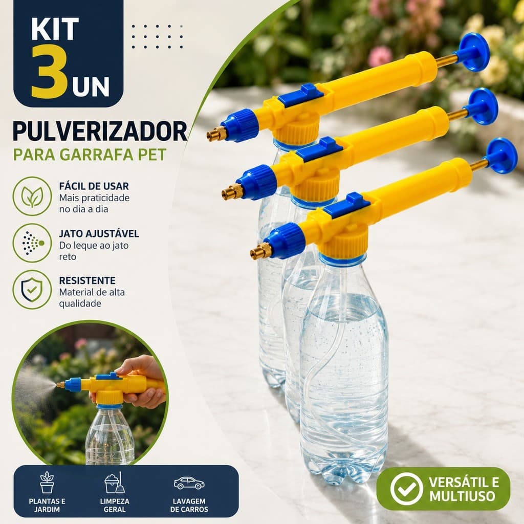 Kit 3-1 Pulverizador Spray Manual Adaptador para Garrafa PET - Jardinagem e Limpeza