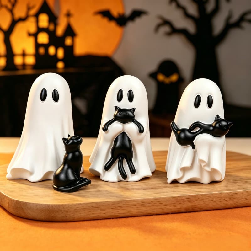 Sitters De Prateleira De Halloween – Adoráveis Enfeites De Resina De Gato Fantasma E Preto Para Decoração De Casa