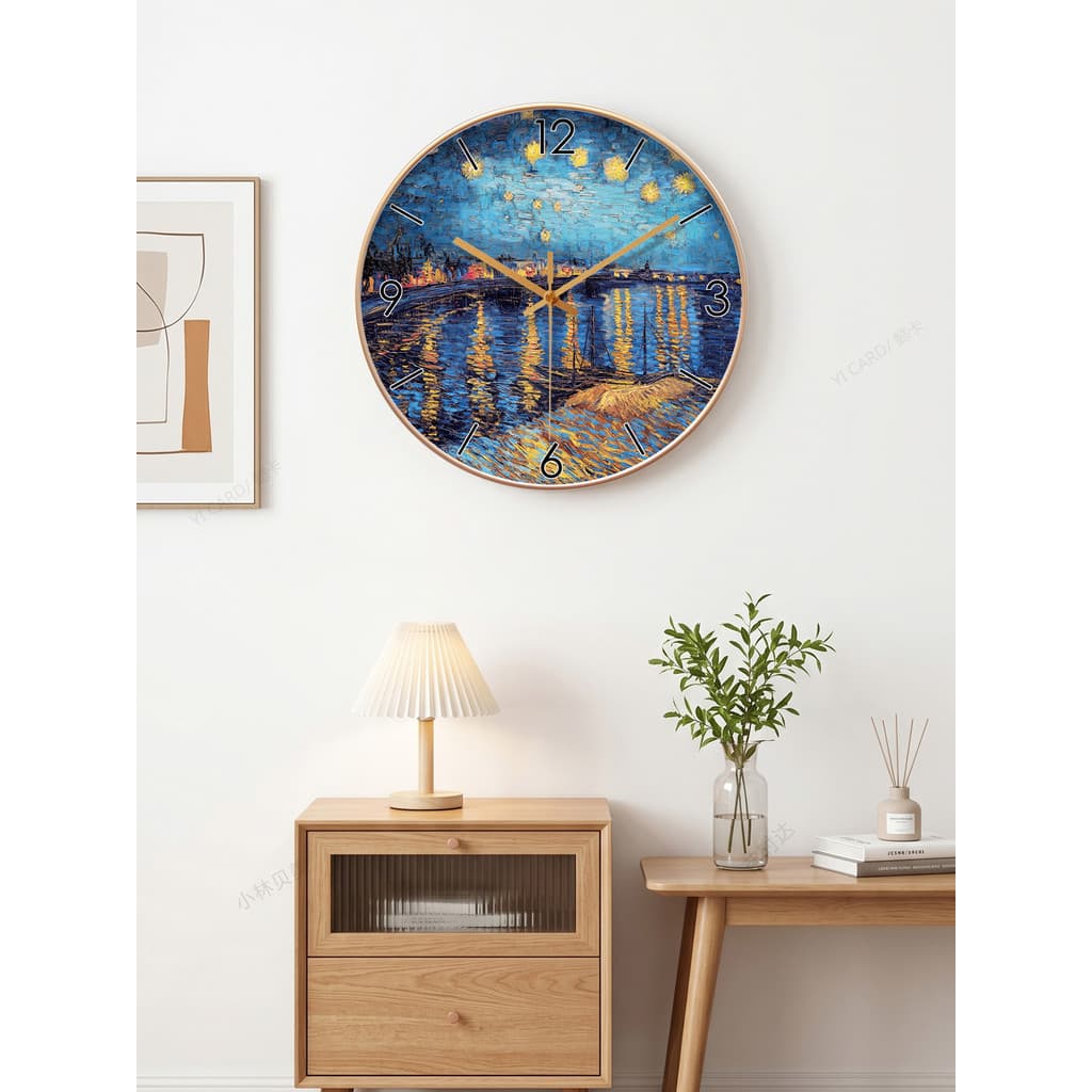 Criativo Van Gogh funciona noite estrelada relógio de parede silencioso sala estar 2026 novo estilo luz luxo rádio relóg