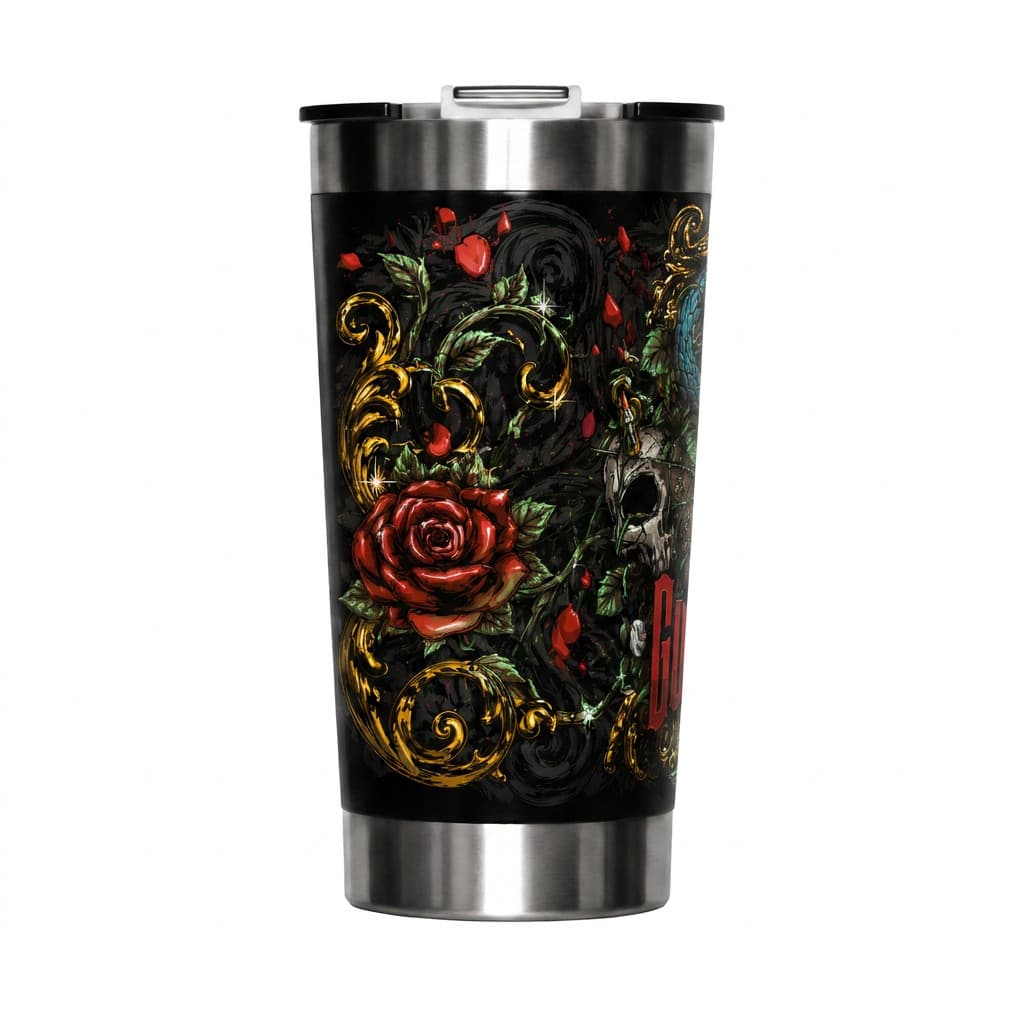 Copo Térmico 473ml Inox com Tampa - Rock Rosas e caveiras