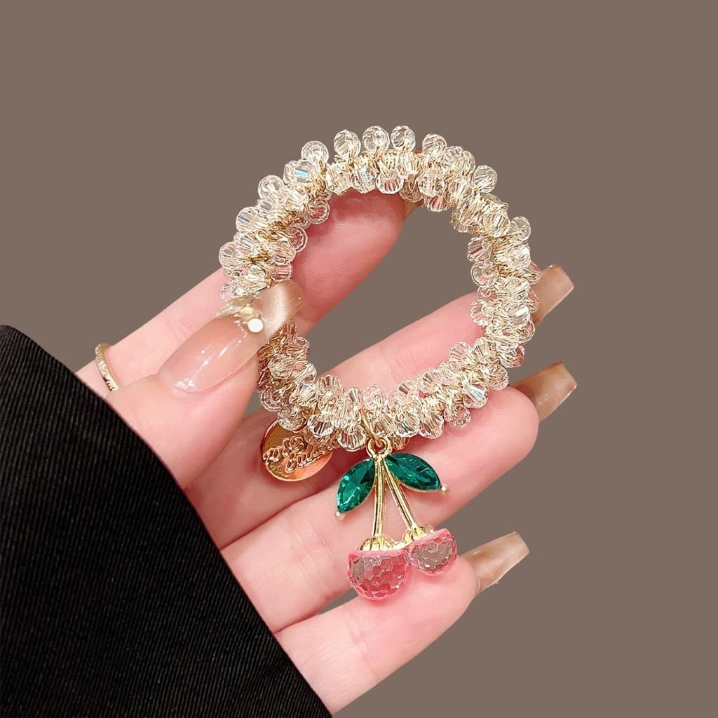 Acessório de cabelo com pingente de cristal, elástico de cabelo, anel de cabelo com pingente de cereja, pulseira de dupl