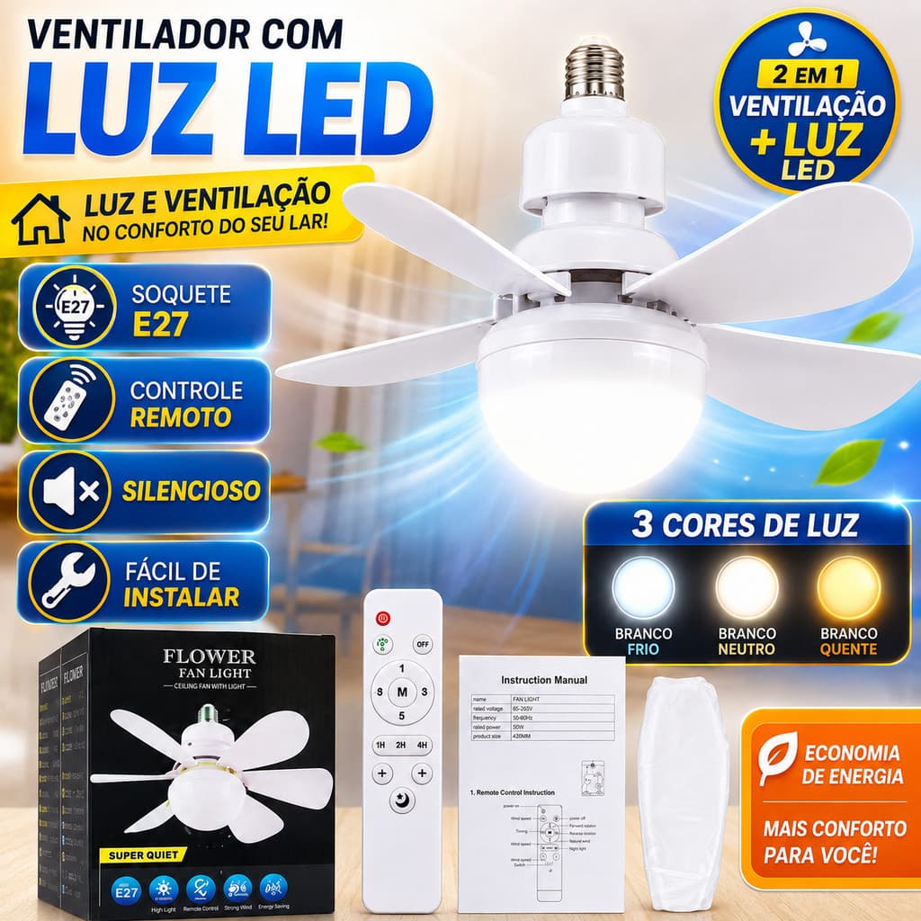Ventilador de Teto com Luz LED Soquete E27 Controle Remoto 3 Cores de Luz Silencioso Fácil Instalação para Quarto e Sala