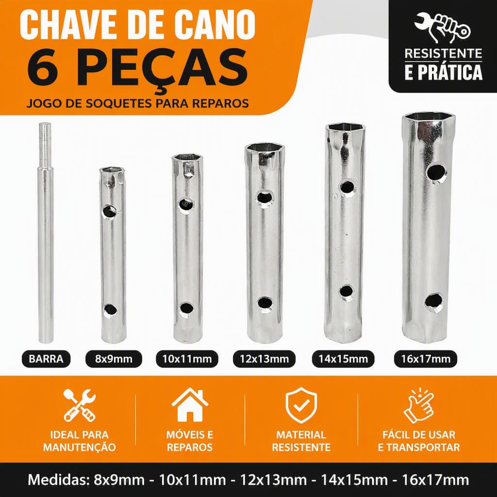 Kit Jogo De Chave De Vela 6 Peças De 8 A 17mm Em Aço Ferramenta Manual para Mecânica Automotiva e Reparos Gerais