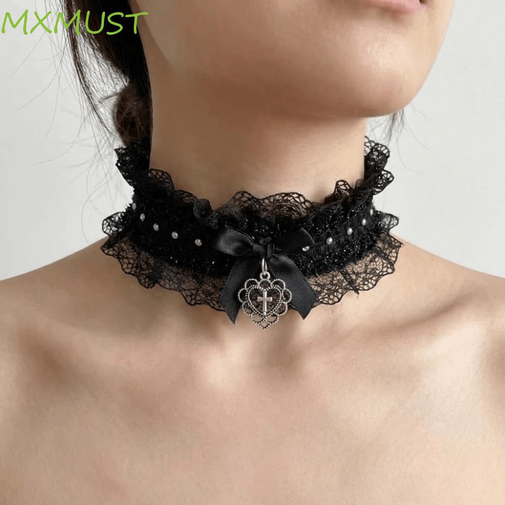 Colar de Renda OFNF MXMUST, Gargantilha Lolita com Laço em Forma de Coração, Joia de Festa Fofa para Cosplay Punk Y2K