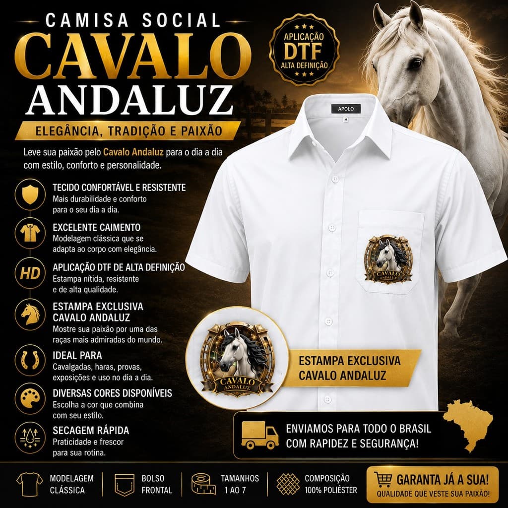 Camisa Social Personalizada Cavalo Andaluz Microleve