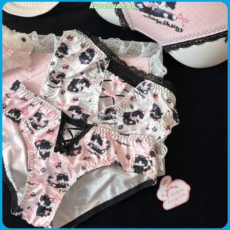 Doce menina gato impressão roupa interior feminina bonito diversão rendas oco Briefs confortável pele-amigável roupa int