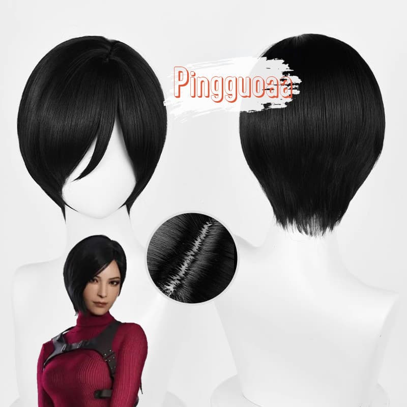 Peruca de Cosplay Ada Wong de Resident Evil 30cm Preta Curta Resistente ao Calor Cabelo Sintético KI1G