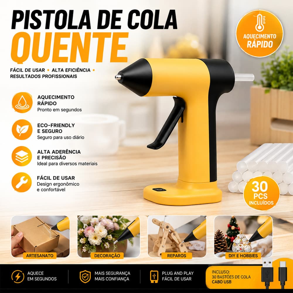 Kit Pistola de Cola Quente Sem Fio 7mm com 30 Bastões Bico Fino Recarregável para Artesanato DIY