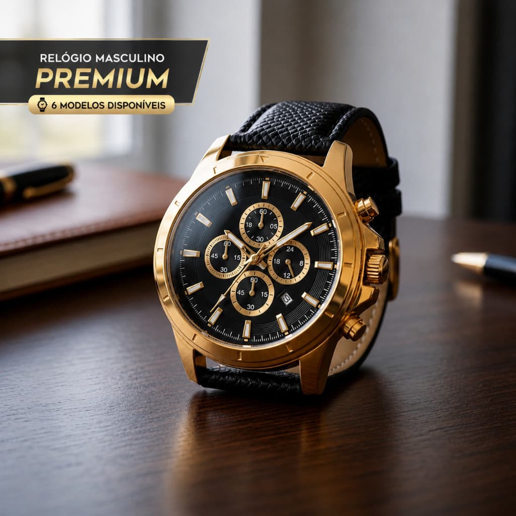 Relógio cronógrafo de couro de luxo masculino, dourado, preto e branco disponível - estilo Casual e Formal de alta quali