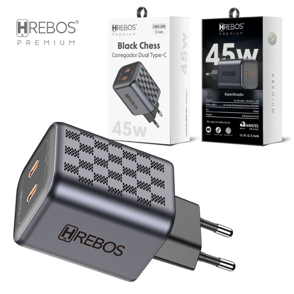 Carregador para Celular Turbo USB-C Duplo 45W Hrebos Black Chess CRG-218