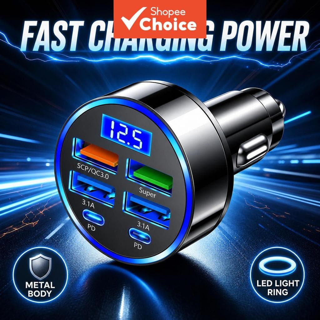 Adaptador de Carro de Carregamento Rápido 3.1A Display Digital Duplo Tipo-C Smartphones Tablets s Preto Carregador