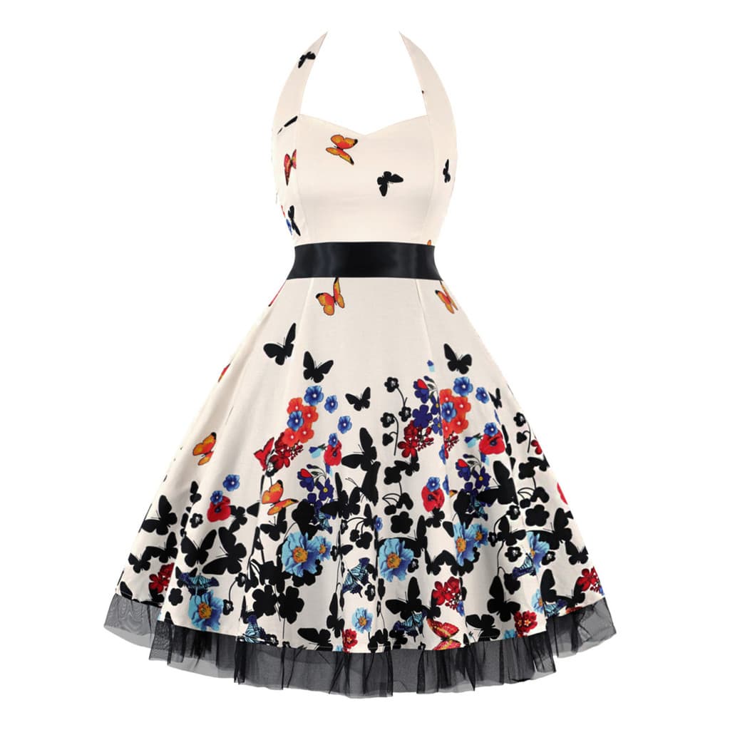 [Novo produto] Vestido feminino retrô Hepburn estilo Halterneck gaze saia grande Swing com aparência mais fina vestido e