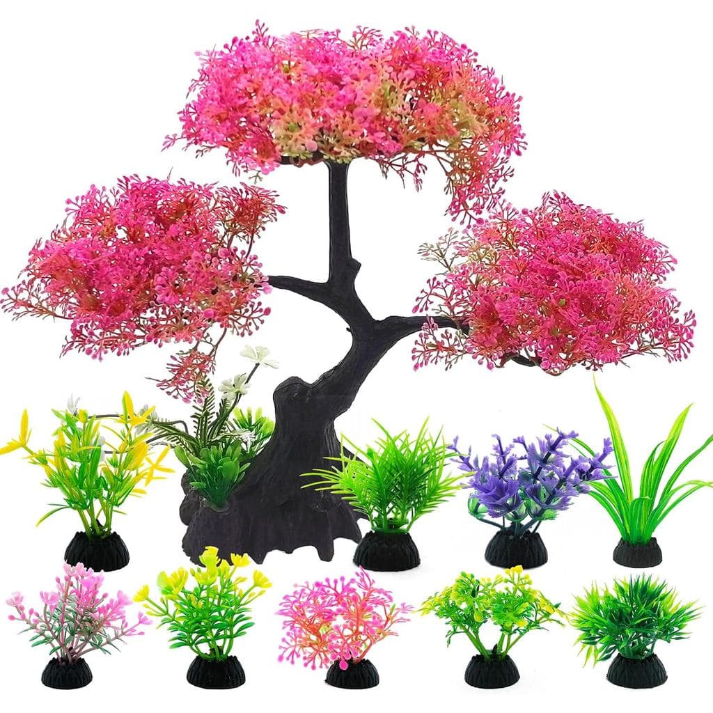 SLOCME Conjunto de Decoração para Aquário com Árvore de Flor de Cerejeira Rosa – 10 Peças de Plantas Artificiais de Plás