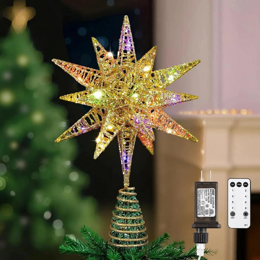 Ponteira de Árvore de Natal Lewondr, Ponteira de Árvore de Natal Iluminada em Forma de Estrela 3D, com Controle Remoto e