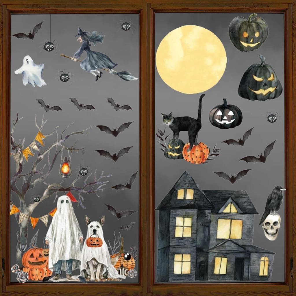 Horaldaily 30 Adesivos Decorativos para Janela de Halloween, Abóbora Jack-O'-Lantern, Castelo, Árvore, Fantasma, Morcego