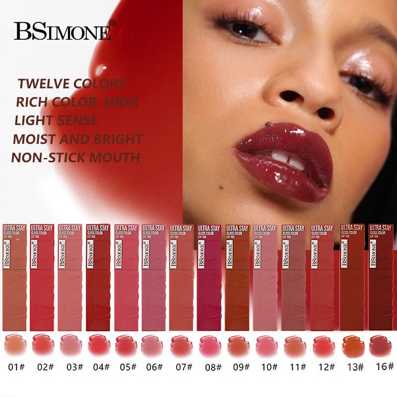 Disponível exclusivamente em quatorze cores, brilho labial com efeito aquoso europeu e americano, brilho labial hidratan