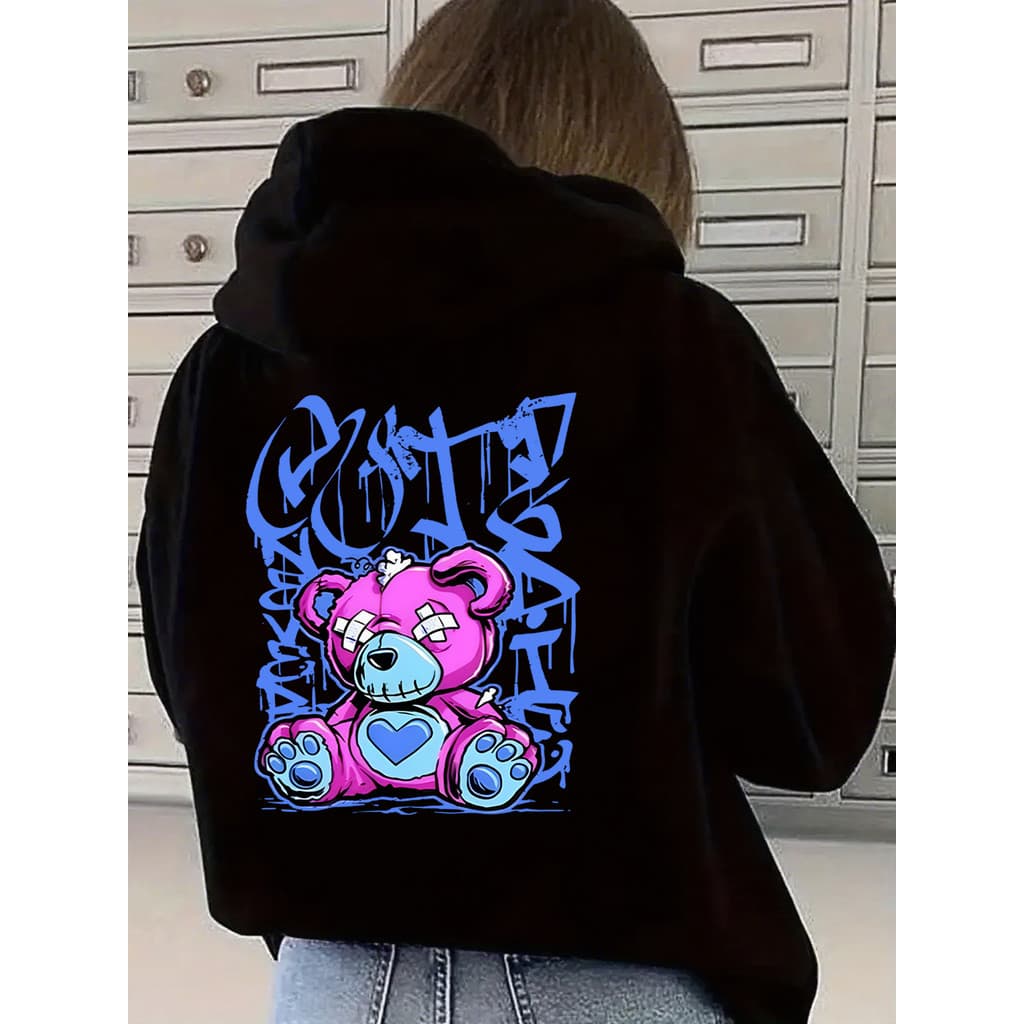 Moletom  Feminino Canguru Estampa Ursinho Macabro Capuz e Bolso Blusa De Frio Unissex Lançamento