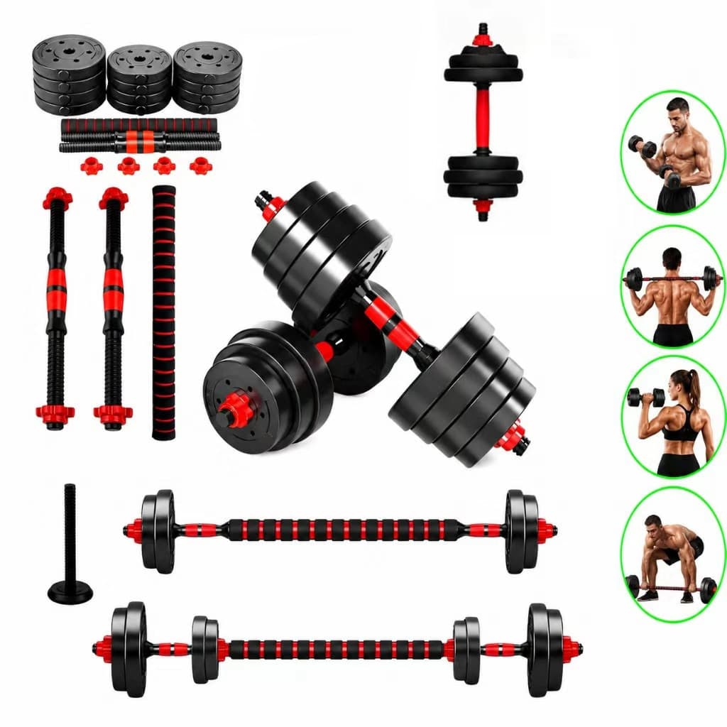 Conjunto de halteres com barra de 30 kg e kettlebell, ideal para treino de força em casa.
