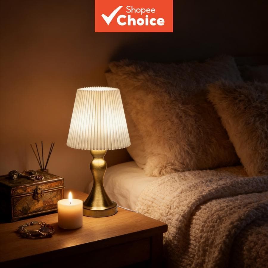 Luminária de Mesa Vintage Plissada, de Tomada para Quarto, Luminária Decorativa Noturna com Base Dourada, Luz de