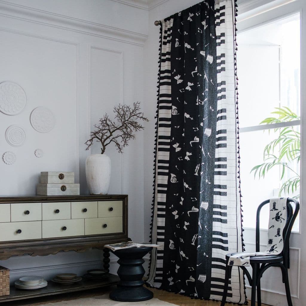 Qiyun cortinas de algodão linho Piano impressão americano preto borla cortina cozinha estilo Country produto acabado jan