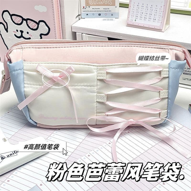 Versão coreana simples rosa estilo balé arco fita lápis caso estudante grande capacidade caixa de papelaria saco de arma
